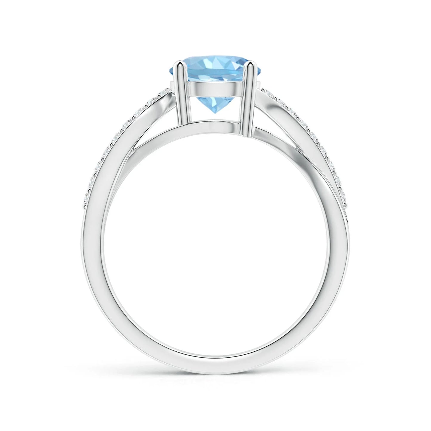 14K Solid Gold Natural Round Cut Solitaire Aquamarine Twisted Split Shank Ring Pave Setting Diamond Band Unique Engagement Ring