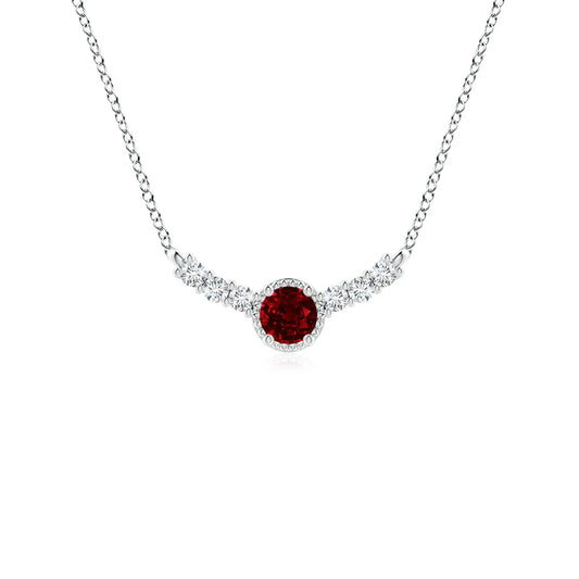 14K 18K Gold Natural Round Cut Ruby in Diamond Curved Bar Pendant Link Chain Necklace Vintage Inspired Handmade Fine Jewelry OEM