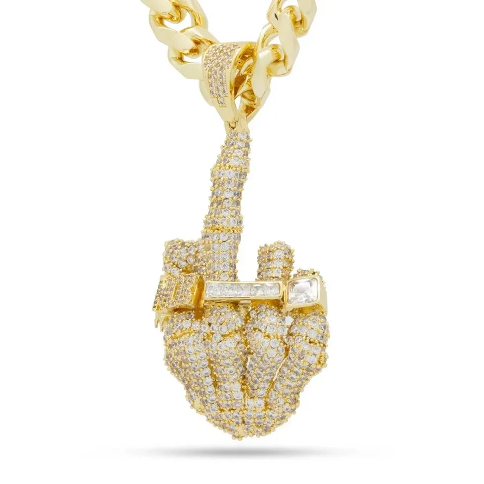BiG-BOSS Iced Out Gold Tone 925 Sterling Silver Middle Finger Pendant Necklace with Moissanite Stones for Men Hip Hop Fashion Jewellery