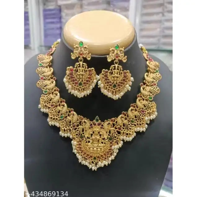 LATEST LAXMI TRADITIONAL SOUTH INDIAN TEMPLE GOLD PLATED CROWN CHOKER NECKLACE SET Bezel Set Stones Third Party Certified