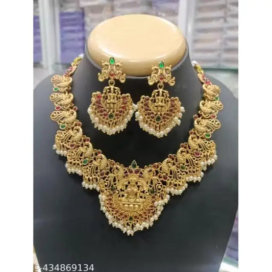 LATEST LAXMI TRADITIONAL SOUTH INDIAN TEMPLE GOLD PLATED CROWN CHOKER NECKLACE SET Bezel Set Stones Third Party Certified