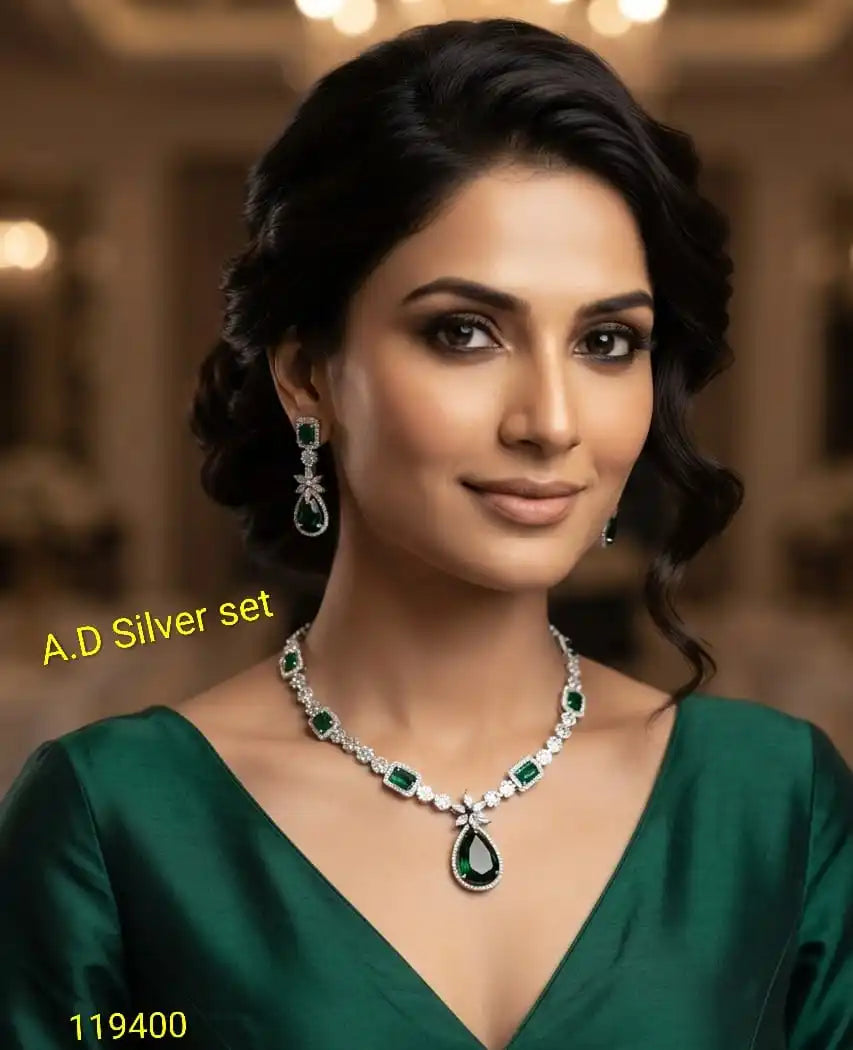 Luxury AD Silver Emerald Drop Pendant Necklace Set Premium Wedding Party Wear Jewelry with Matching Earrings for Women Set