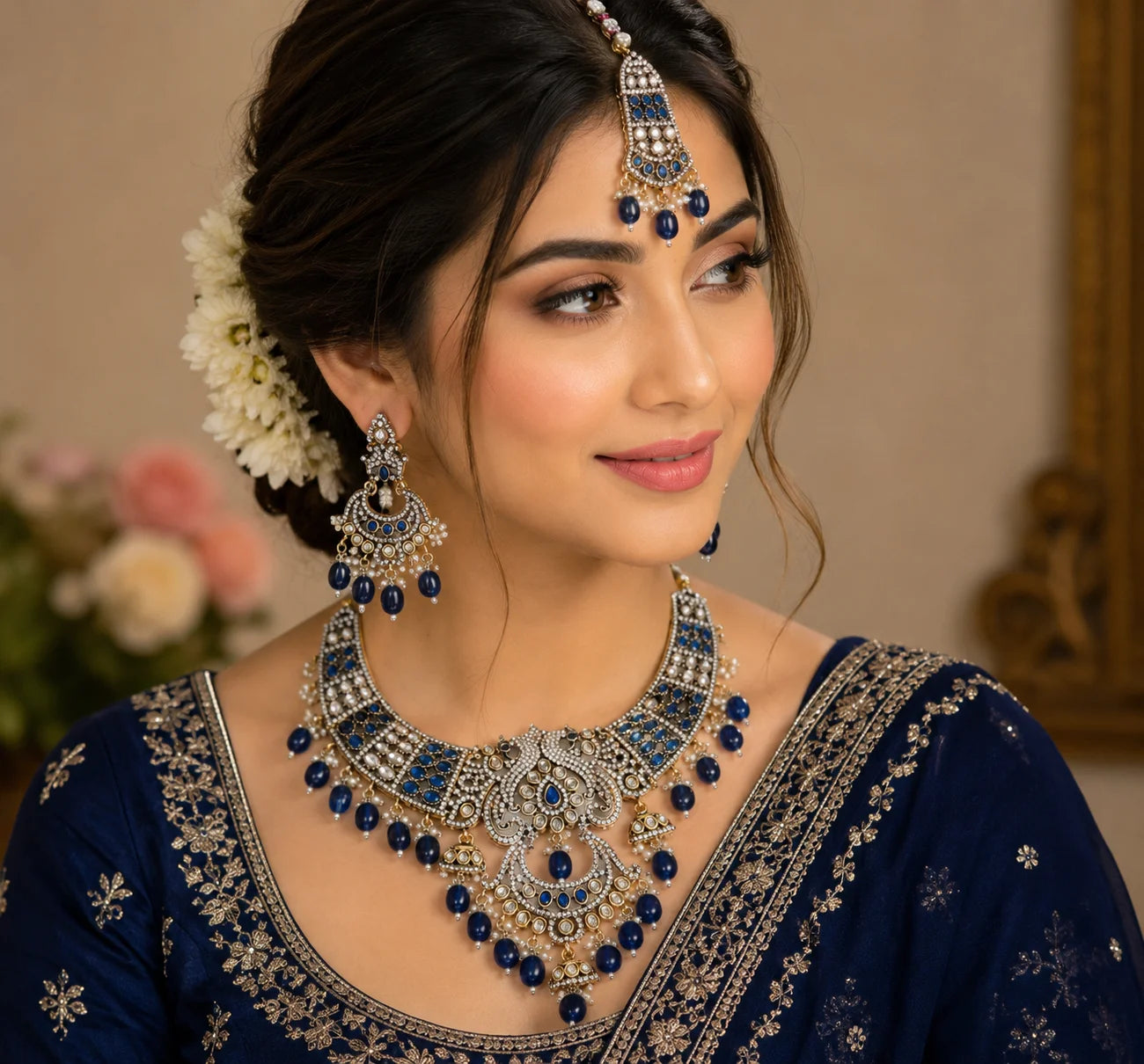Luxury Royal Blue Bridal Wedding Jewelry Set with Necklace Earrings & Maang Tikka Cubic Zirconia Rhodium Plated