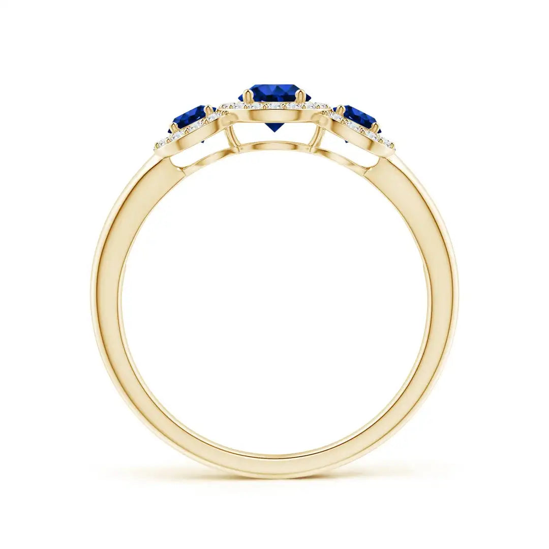 14K Gold Round Cut Natural Blue Sapphire Three Stone Trilogy Ring With Accent Diamond Certified Fine Jewelry Engagement Ring RTS