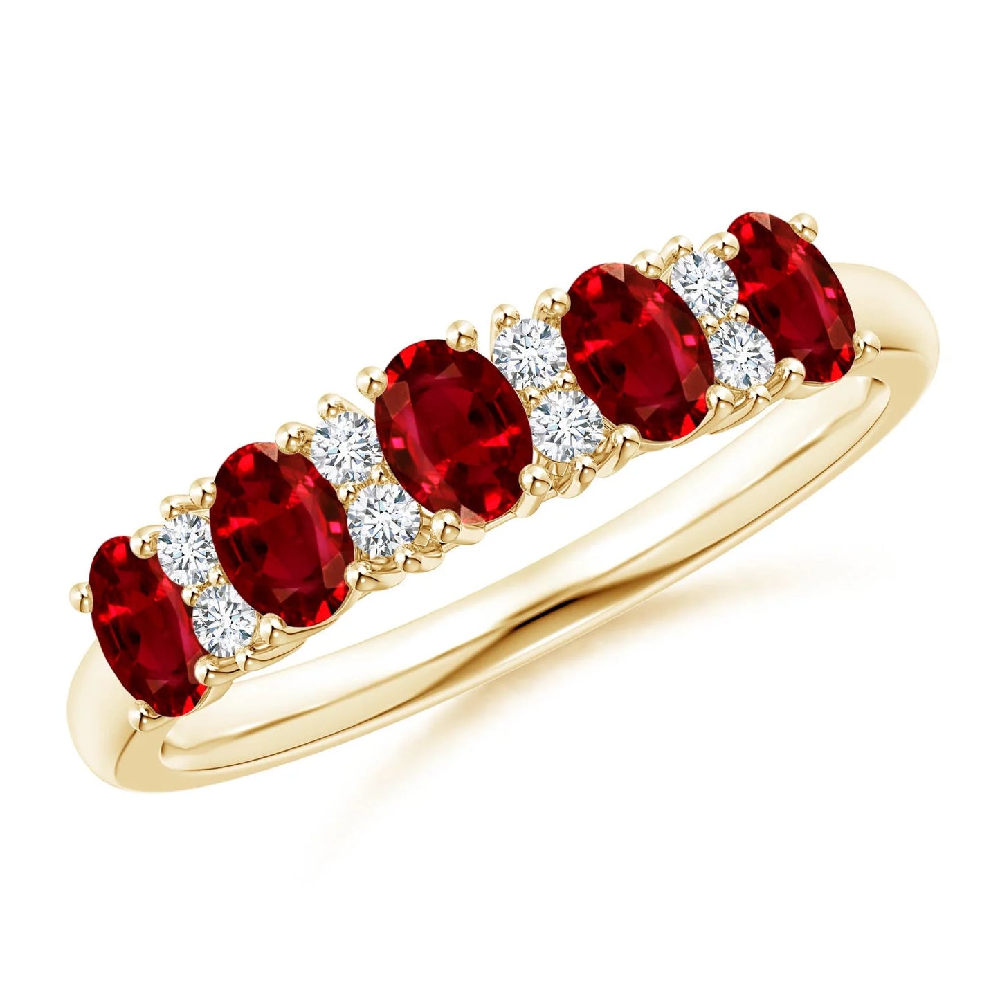 14K Solid Gold Oval Cut Prong Setting Five Ruby Gemstone and Diamond Wedding Ring Fine Jewelry Handmade Half Eternity Ring
