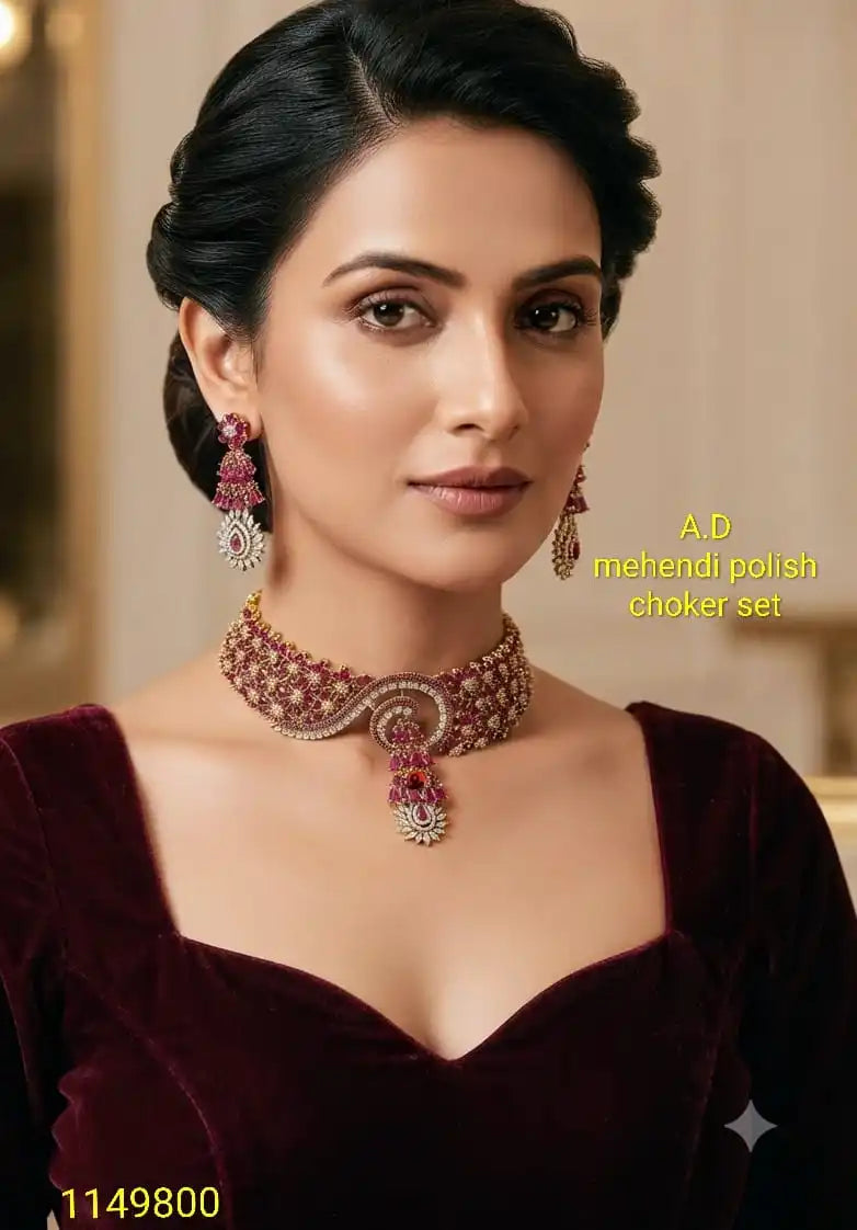 Elegant Ruby Bridal Choker Set Luxury Red Stone Mehendi Gold Plated Wedding Party Jewelry Necklace Set for Women Set For Women