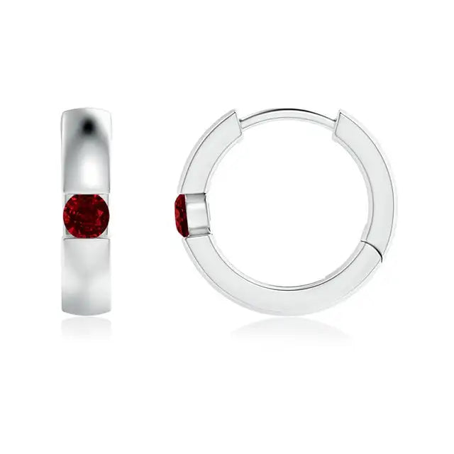 14kt White Gold Ruby Huggie Hoop Earrings, Bezel Set Round Ruby Earrings, Minimalist Fine Jewelry for Women Gift for Her
