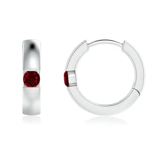 14kt White Gold Ruby Huggie Hoop Earrings, Bezel Set Round Ruby Earrings, Minimalist Fine Jewelry for Women Gift for Her