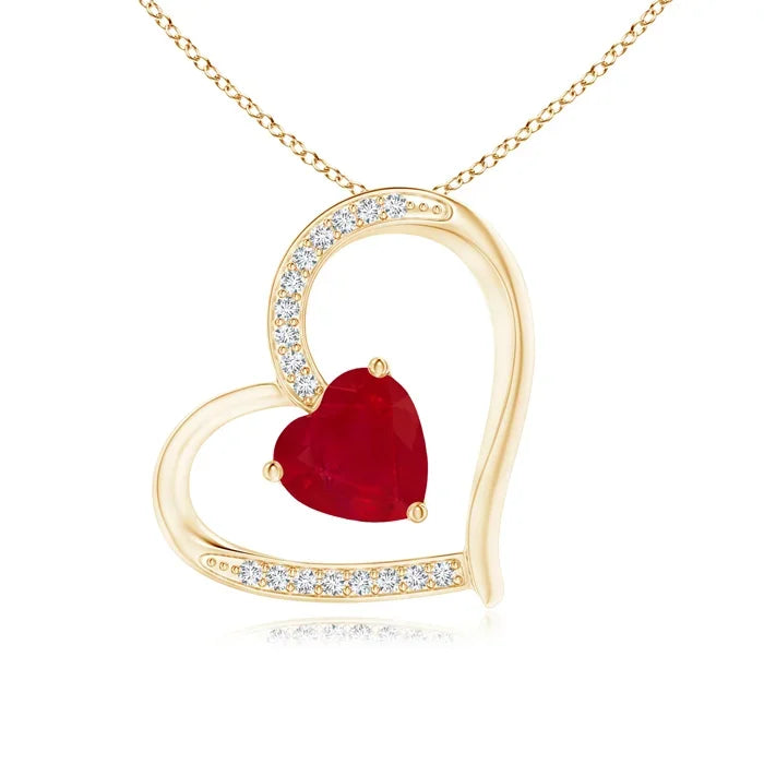 14k Yellow Rose White Gold Custom Heart-Shaped Ruby & Diamond Pendant Classic Unisex Engagement Party Gift IGI Certified Pendant