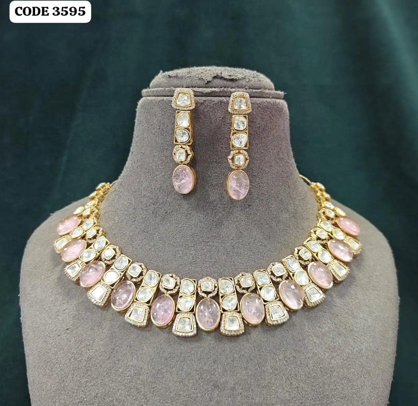 Gold Plated Women's Necklace and Earring Set with Green Crystal Rhinestones Geometric Design Classic Wedding Jewelry Set