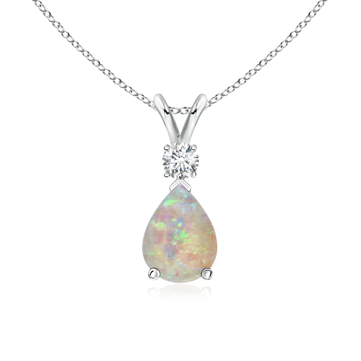 14K Gold IGI Certified Pear-Cut Ethiopian Opal Gemstone V-Bale Diamond Pendant Link Chain Necklace Party Wear Unisex Pendant