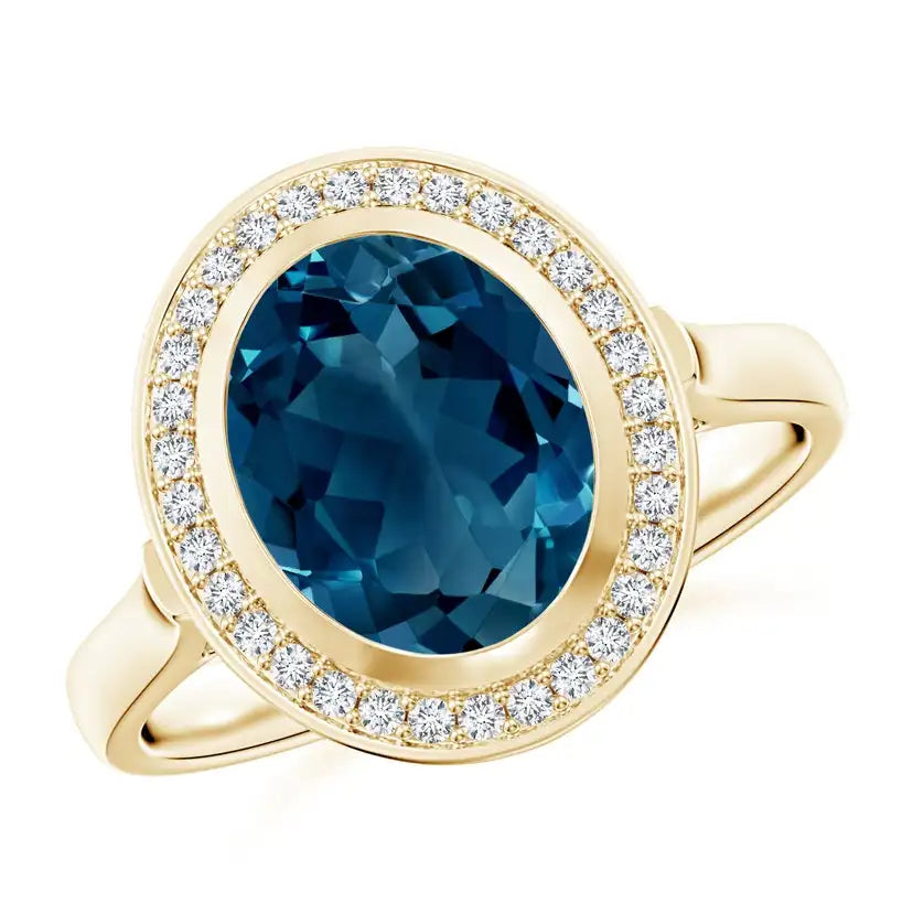 14K Solid Gold Bezel-Set Oval London Blue Topaz Ring with Diamond Halo Handmade Customized Fine Jewelry Wedding Engagement