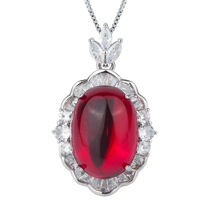Gemfiori Luxury Pigeon Blood Ruby Jewelry Set Cabochon Cut Red Gem Halo Pendant Necklaces Earring Rings Timeless Classic Elegant Wedding