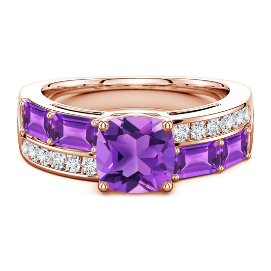 Natural 7mm Cushion & 5*3 5mm Emerald Cut Amethyst & Round Diamond Double Band Ring 14k Gold Dual Band Wedding Ring For Women
