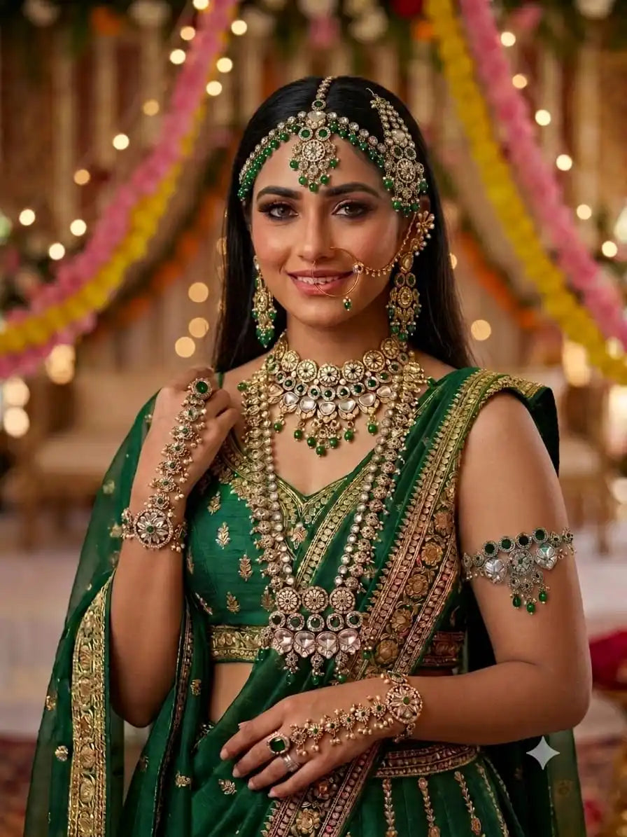 Luxury Green Kundan Bridal Jewelry Set for Women Gold Plated Polki Necklace Set with Maang Tikka Wedding Collection Wedding Set
