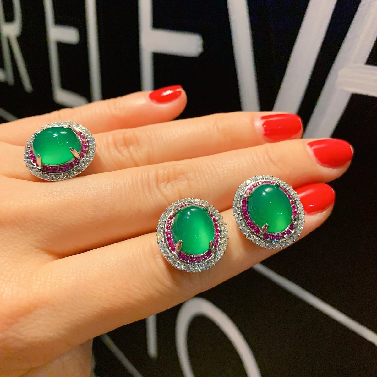 Gemfiori Luxury Oval Cabochon Green Chalcedony Double Halo Ruby White CZ Pendant Necklace Ring Earring Simulated Emerald Jewelry Set Gift