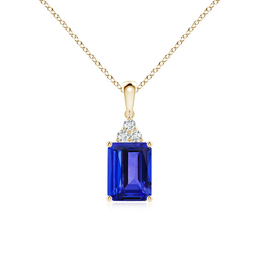 2.72g 14k SOLID Gold Emerald-cut 0.5 CT Blue Sapphire Pendant With 0.02 CT Diamond Trio Luxury High Quality Link Chain Necklace