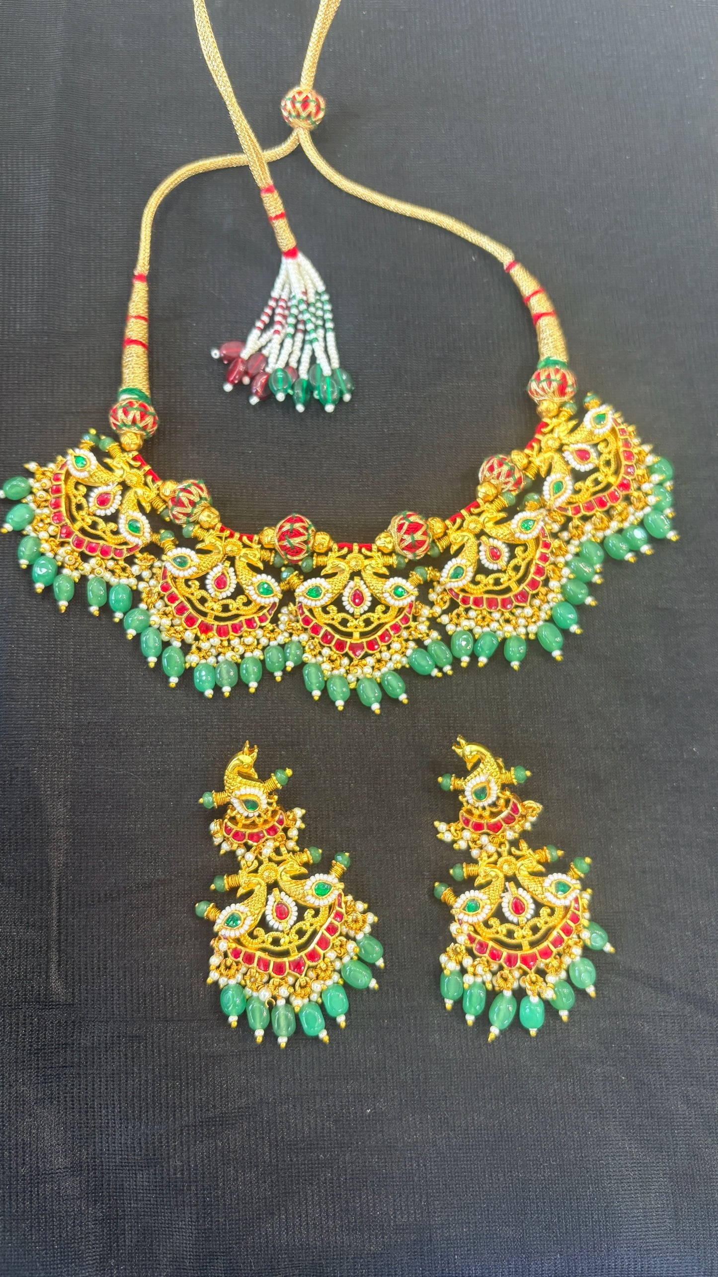 Gold Plated Ethnic Choker Necklace Set with Ruby and Green Stones Strand Tassel for Women Wedding Jewelry