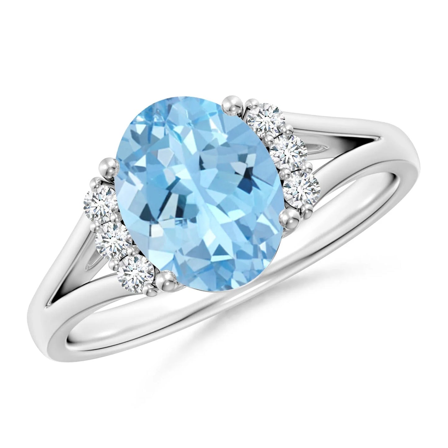 14K Pure Gold Custom Handmade Split Shank Ring Oval Cut Natural Aquamarine With Side Diamond Engagement Ring For Woman Wholesale