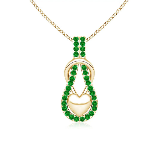 14K Pure Gold Natural Round Cut Emerald Beaded Infinity Knot Pendant With Gold Puffed Heart Beautiful Unisex Party Wear Pendant
