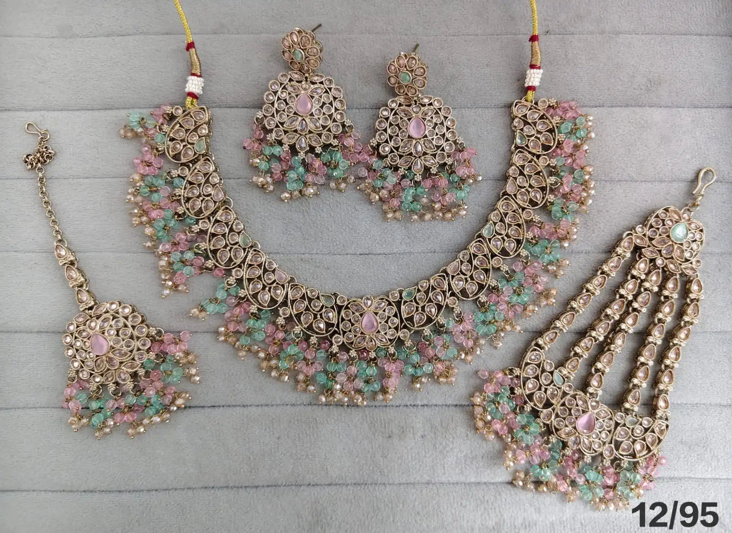 Luxury Gold Plated Black Kundan Bridal Necklace Set with Zircon Crystal Beads Earrings Maang Tikka & Hathphool Wedding Jewelry
