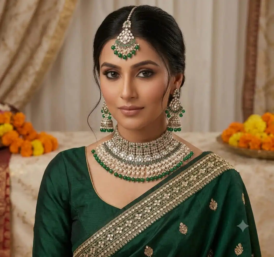 Luxury Emerald Green Pearl AD Bridal Choker Necklace Set Gold Plated Wedding Jewelry with Earrings Maang Tikka for Women Set