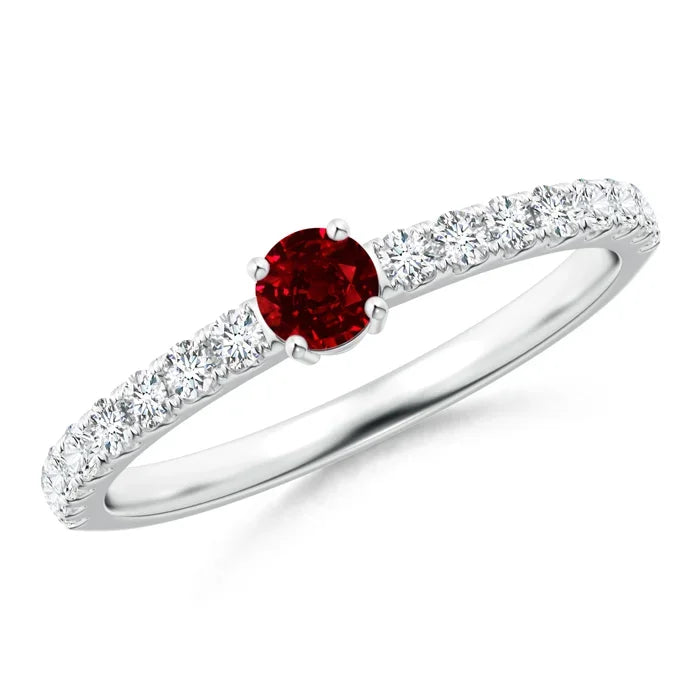 14K Solid Gold Classic Solitaire Ruby Promise Ring with Pave Diamonds Handmade Customized Fine Jewelry Wedding Engagement Ring