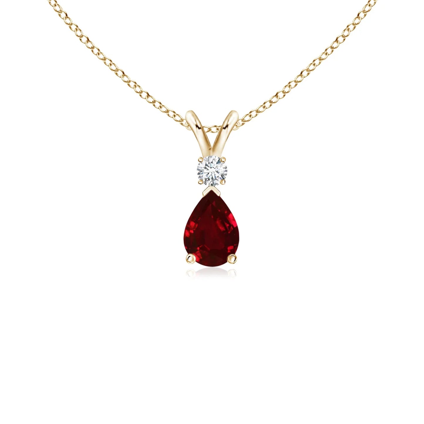 2026 18K Pure Gold Natural Pear Cut Red Ruby & Diamond Teardrop V-Bale Pendant Party Wear Luxury Jewelry Pendant Chain Necklace