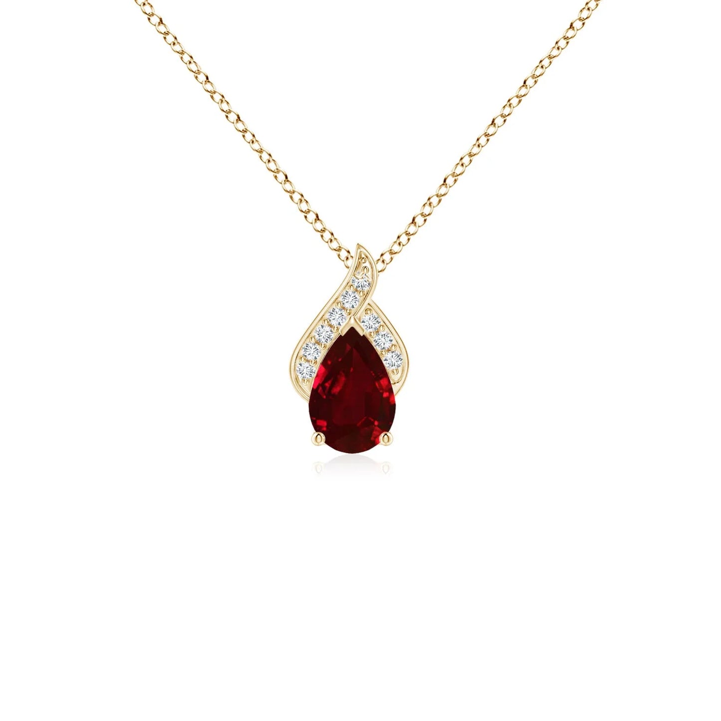 14K Solid Gold Solitaire Pear-Cut Natural Red Ruby Gemstone With Round Diamond Flame Design Pendant Unique Fine Jewelry Necklace