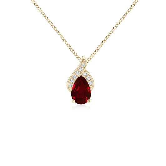 14K Solid Gold Solitaire Pear-Cut Natural Red Ruby Gemstone With Round Diamond Flame Design Pendant Unique Fine Jewelry Necklace