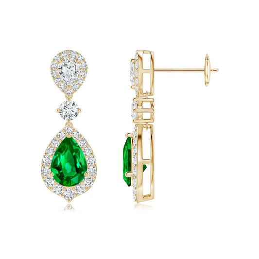 Emerald Diamond Earrings, Pear Shape Emerald Earrings, Diamond Halo Drop Earrings, and Luxury Emerald Jewelry for Women