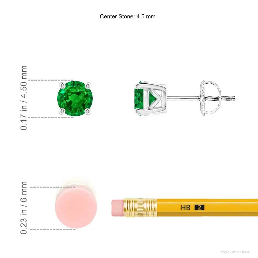 Round-Cut AAAA Natural Emerald Gemstone Studs Earrings, 14kt Yellow Gold Minimalist May Birthstone Screw Back 4 Prong Earring