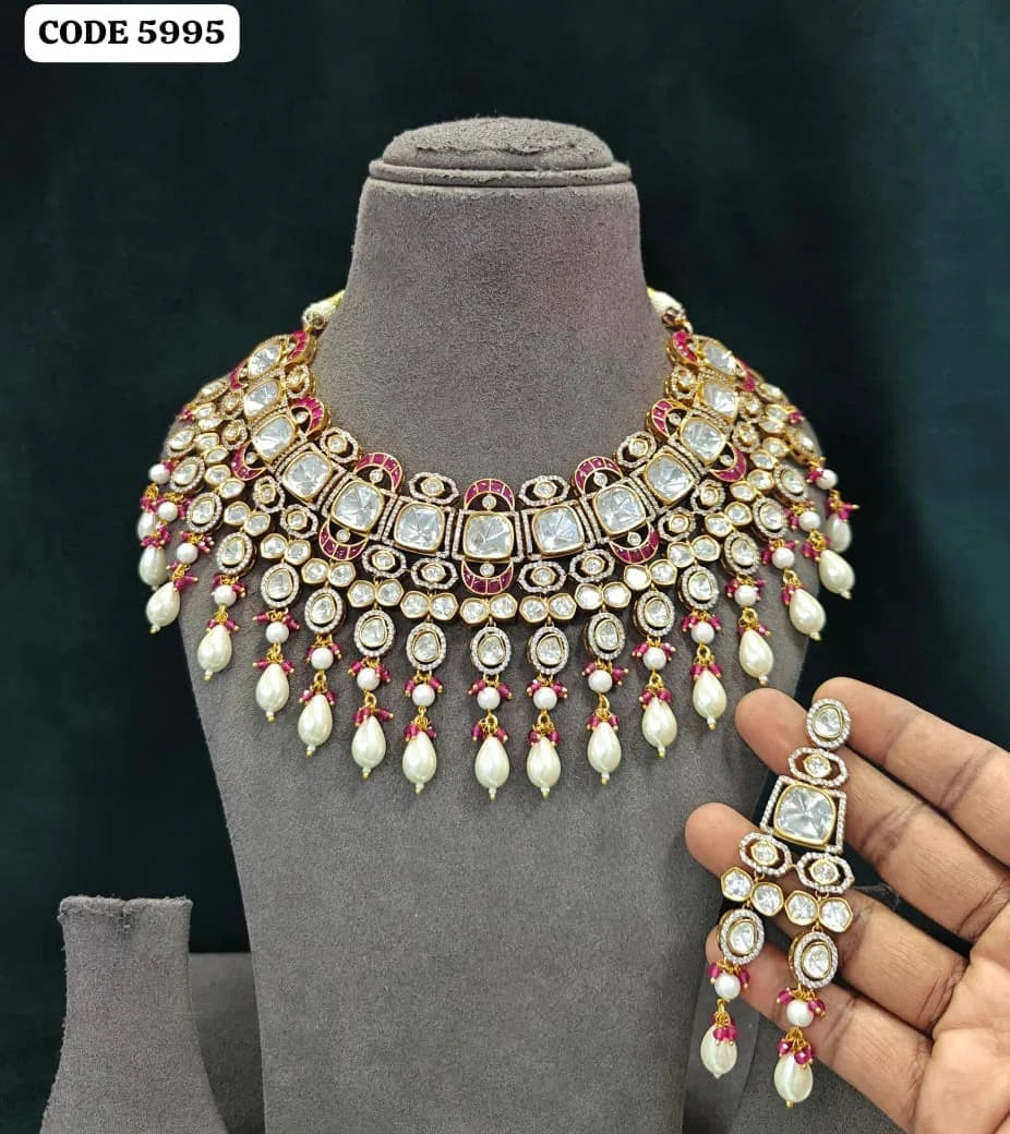 Elegant Ruby Pearl Heritage Choker Necklace Set Traditional Wedding Jewelry Designer Fashion Necklace Premium Ethnic Jewelry Set