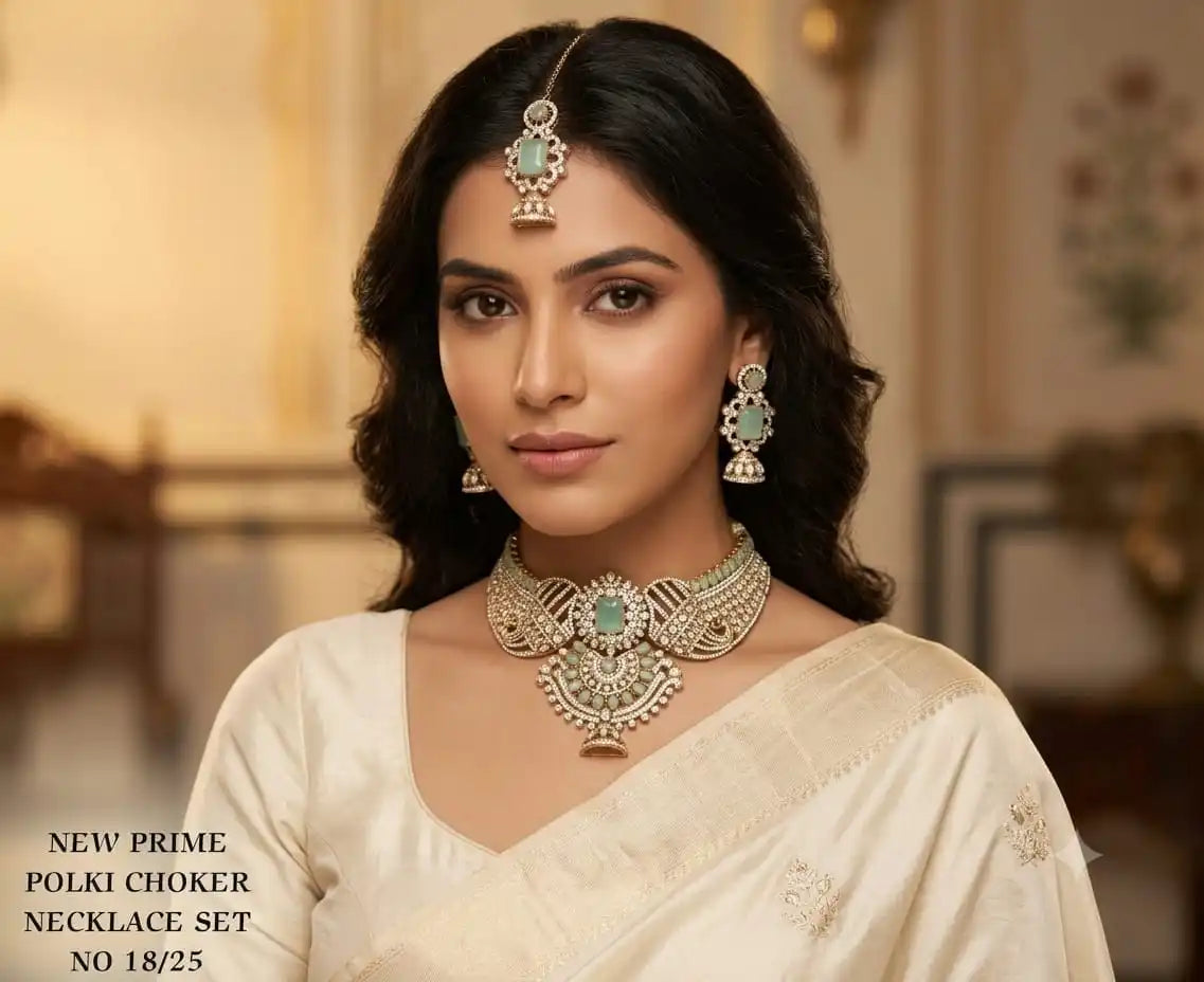 Emerald Green Kundan Polki Choker Necklace Set with Matching Jhumka Earrings and Maang Tikka for Women, Traditional Jewelry Set
