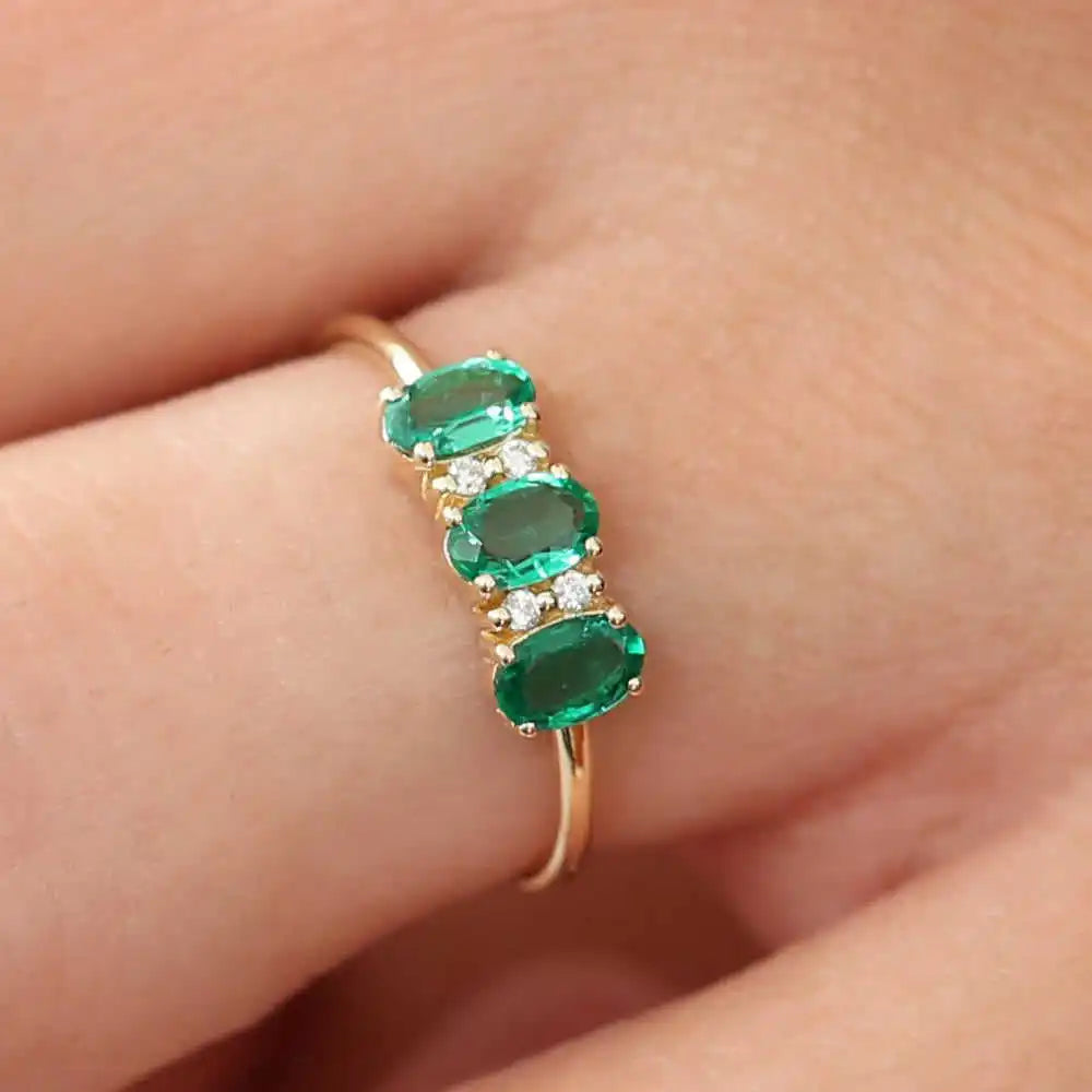Oval Cut Triple Natural Emerald Stone & Round Cut Diamond Ring 14k Pure Gold Beautiful Engagement Wedding Rings Fine Jewelry RTS