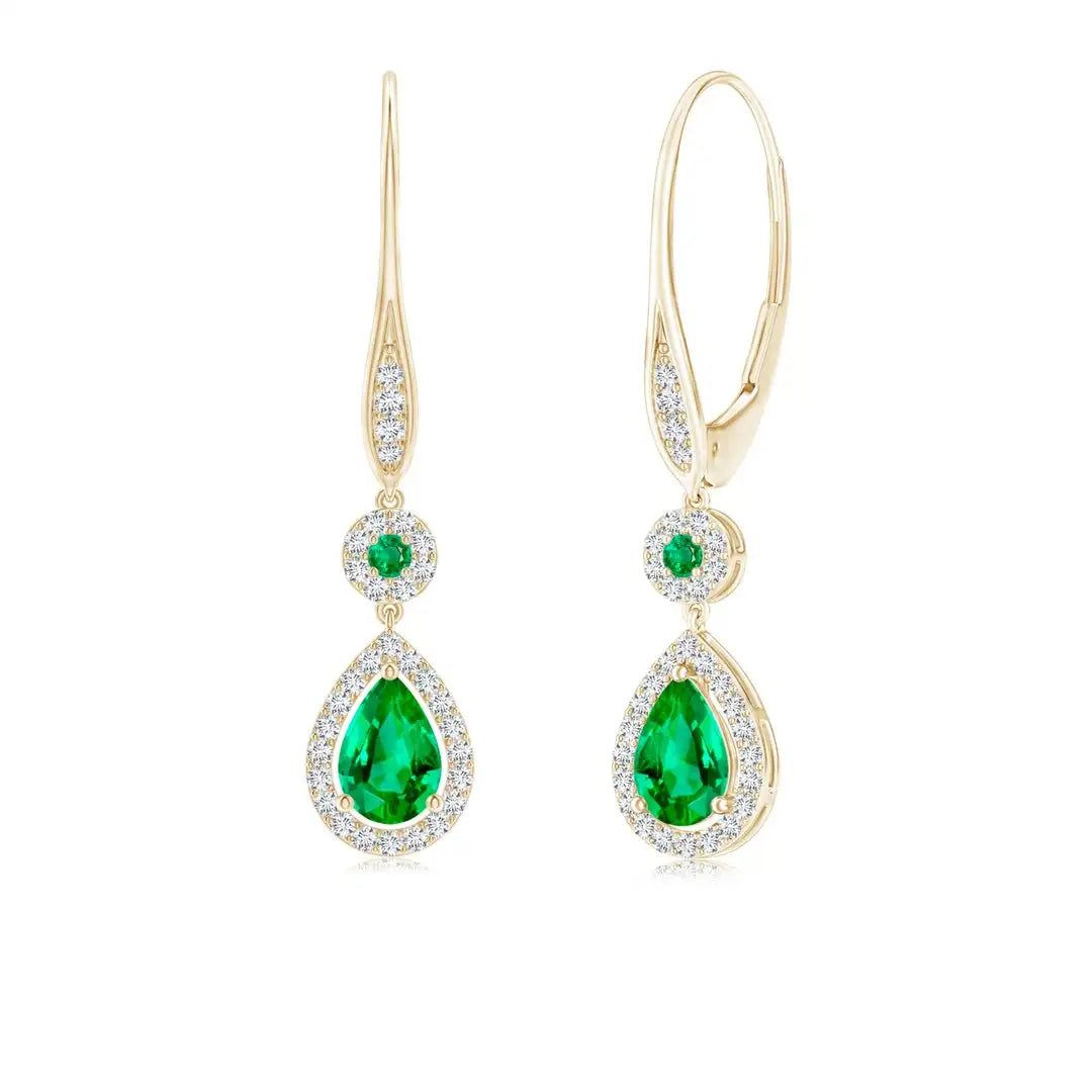 14kt Rose Gold Pear Emerald Halo Drop Dangle Earrings With Diamond Accents Women's Wedding Jewelry