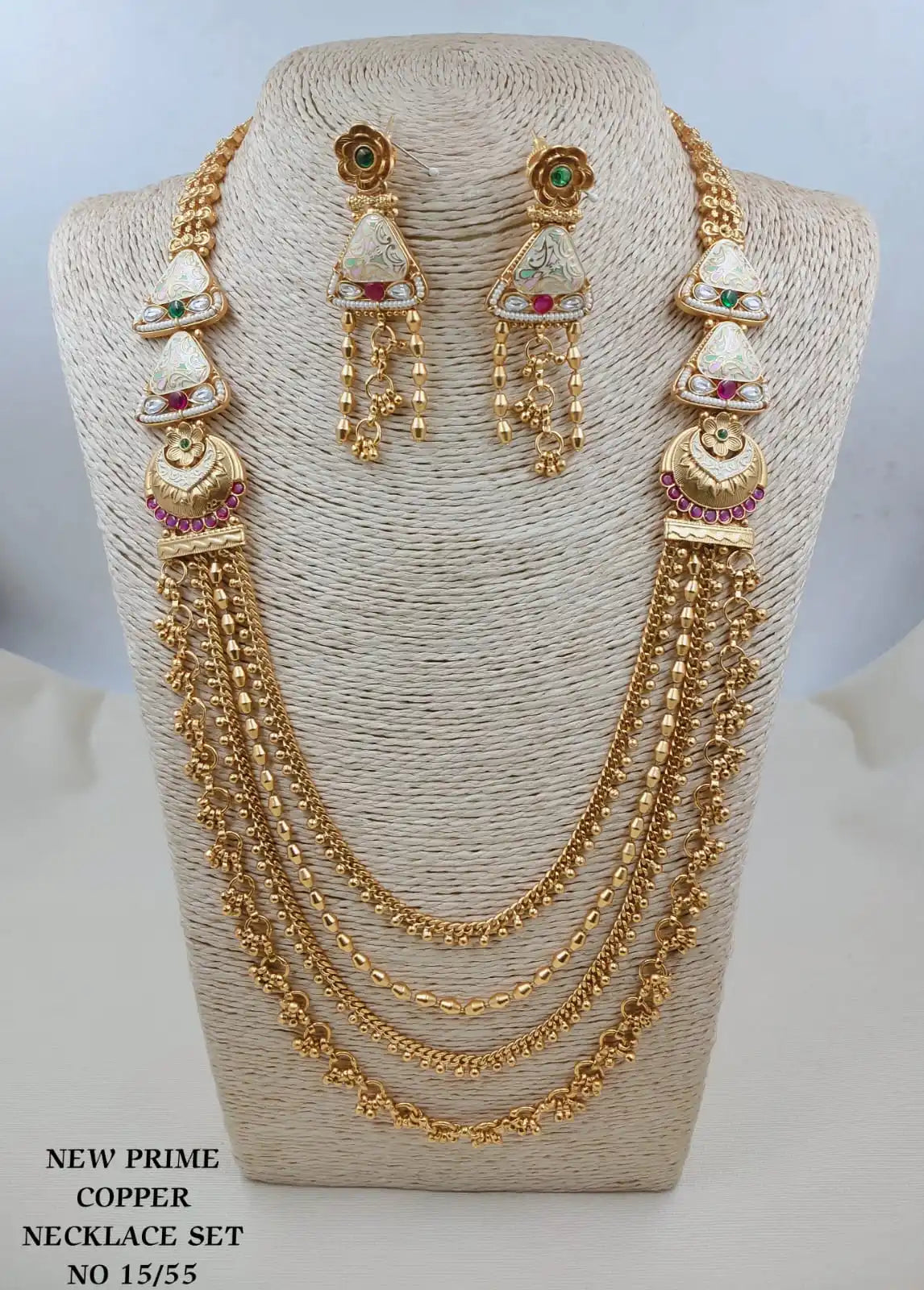 Royal Heritage Multi Layer Temple Necklace Set Antique Gold Floral Long Necklace with Earrings Wedding Jewelry Set