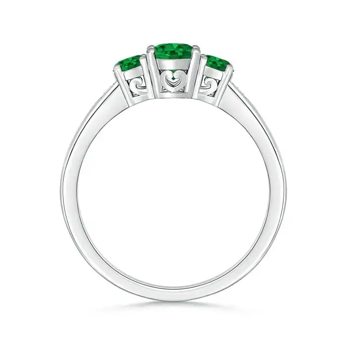 14K/18K Solid Gold Certified Natural Green Emerald Three Stone Engagement Ring with Accent Diamond Fine Jewelry Handmade Ring