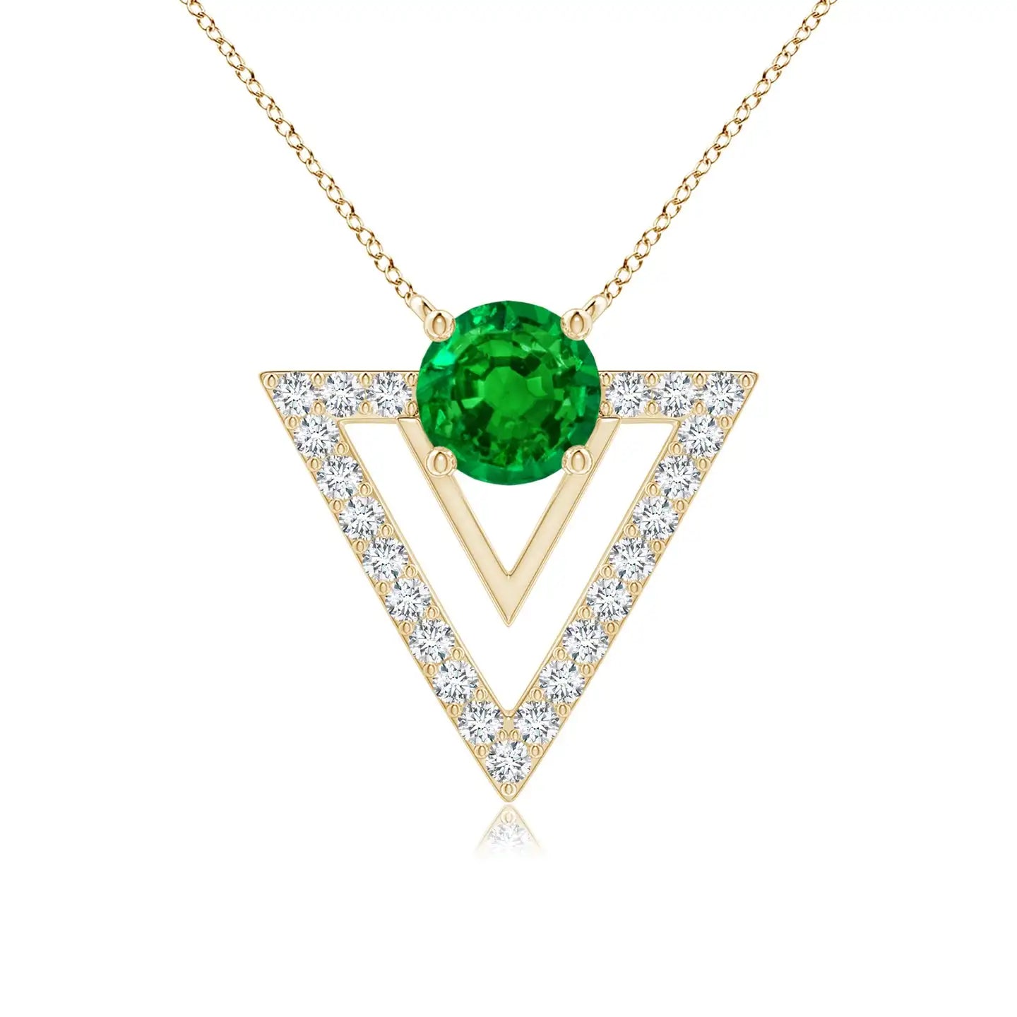 14k Solid Gold Natural Round Cut Emerald & Diamond Triangular Taurus Pendant Fine Jewelry Party Wear Stylish Link Chain Necklace