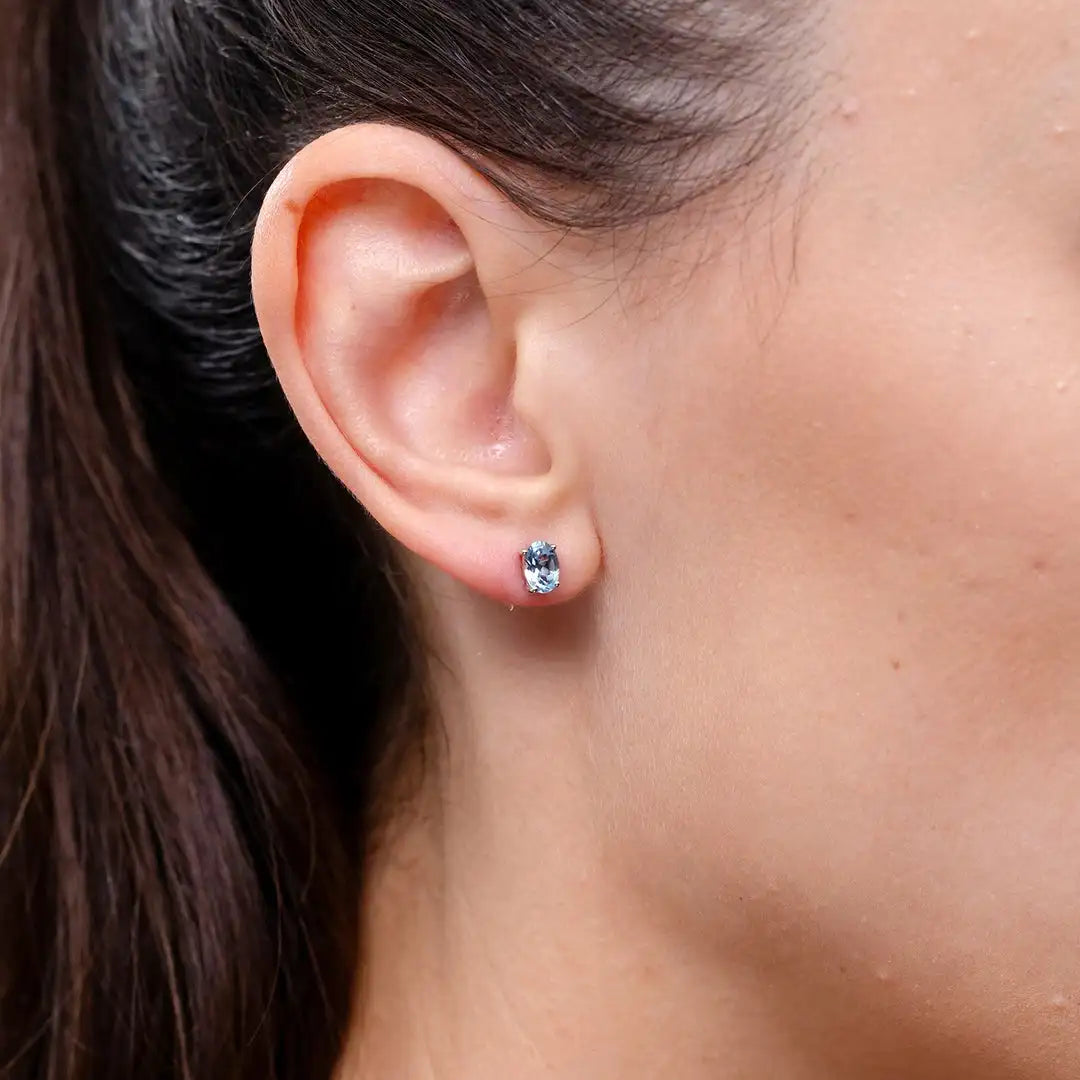 Natural Blue Aquamarine Stud Earrings Oval Cut White Gold Solitaire Earrings March Birthstone Fine Jewelry for Women