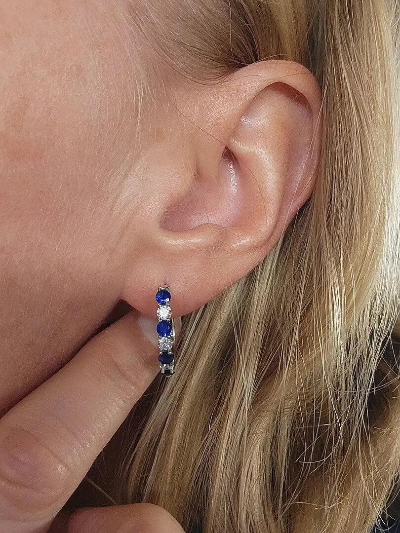 Blue Sapphire And Diamond Channel Setting Classic 14K Solid Gold Hoop Earrings Women's Jewelry
