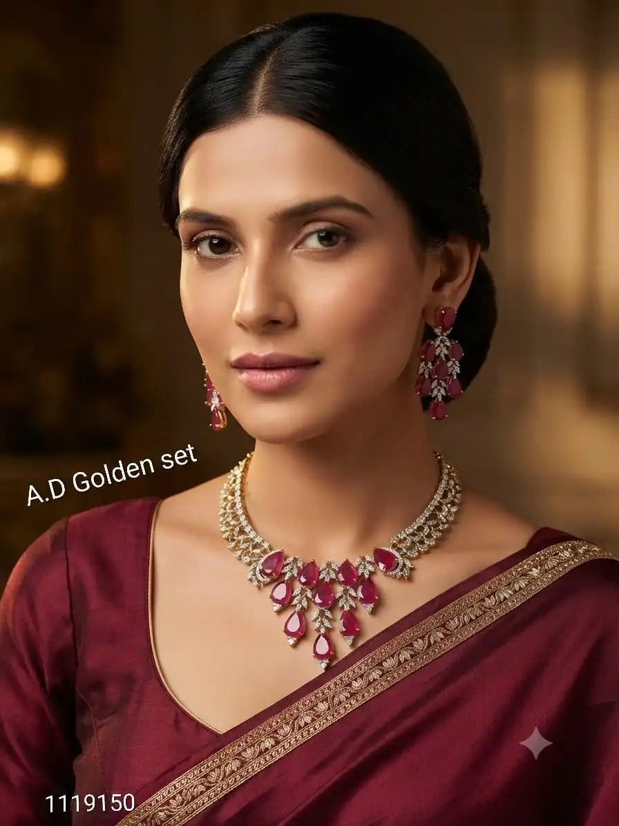 Luxury AD Golden Pink Pear Drop Bridal Necklace Set for Women Wedding Party Anniversary Designer Fashion Jewelry Gift Set