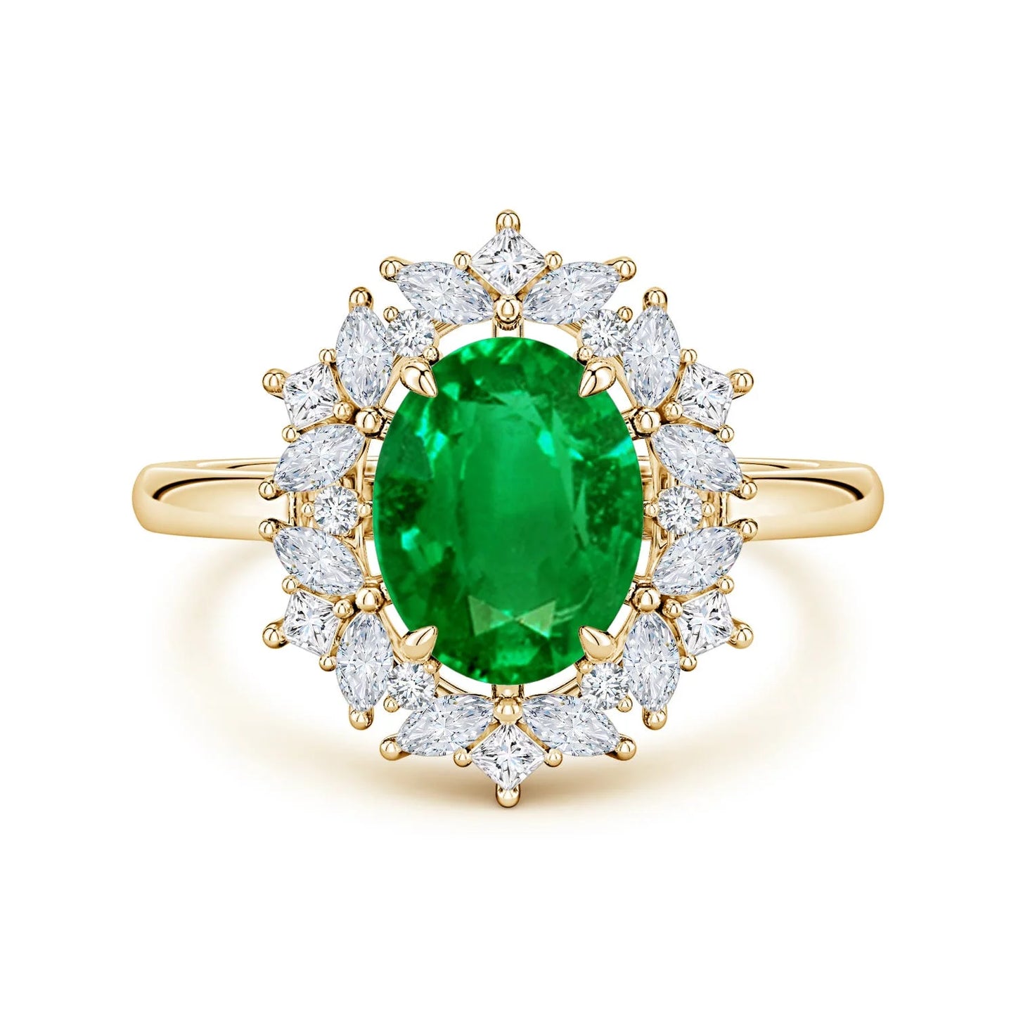 14K Pure Gold Women's Classic Oval Cut Green Emerald With Multi Shape Diamond Ring Halo Round Brilliant Diamond Engagement Ring