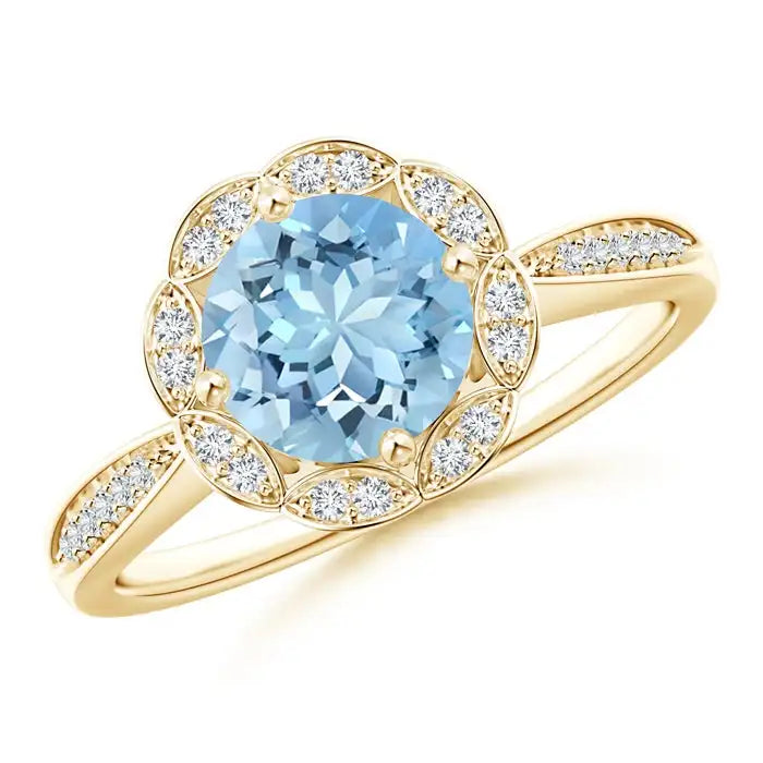 14K Solid Gold Round Floral Aquamarine Ring with Diamond Accents Handmade Customized Fine Jewelry Wedding Engagement