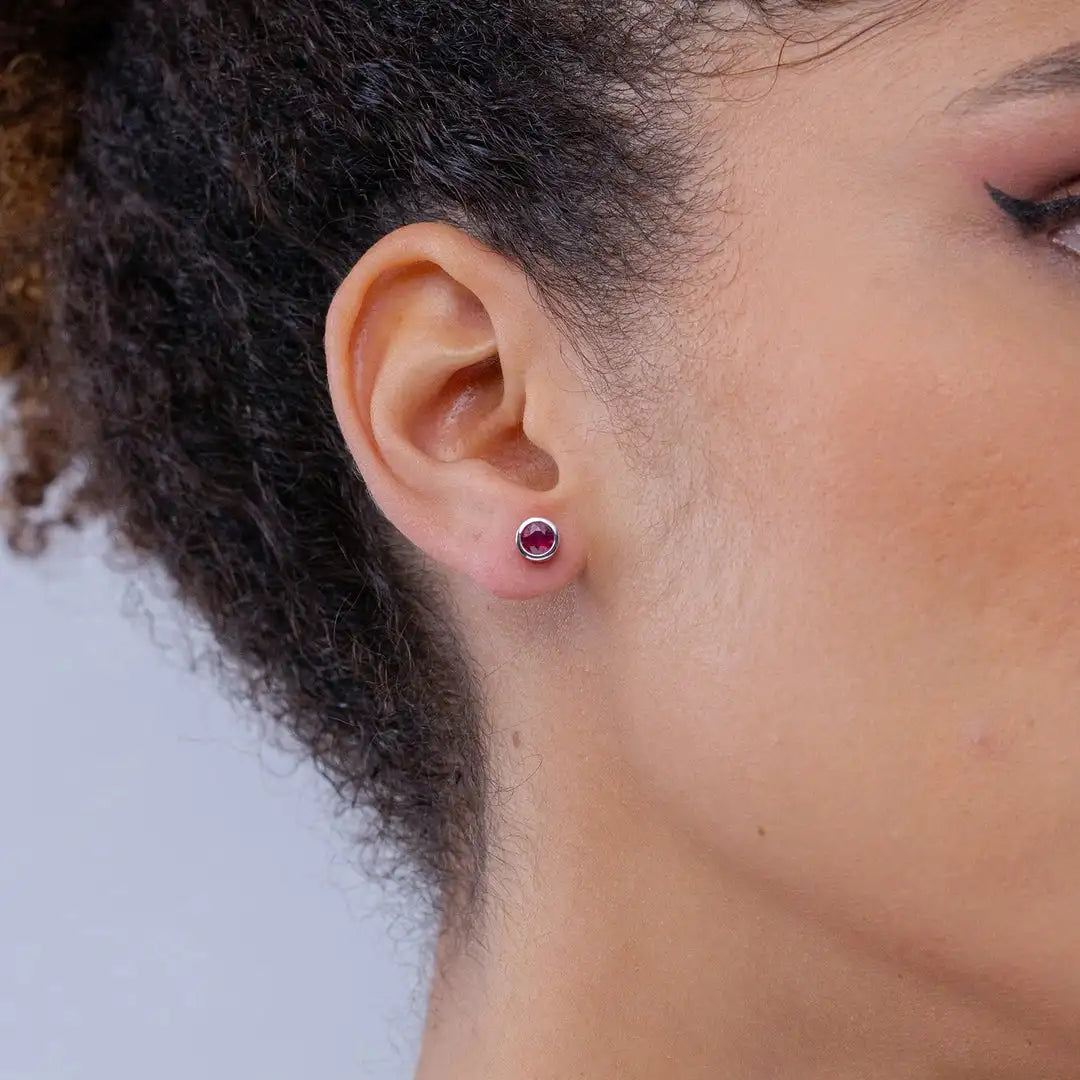14kt Solid Gold Red Ruby Stud Earrings Bezel Set Round Cut Minimalist Fine Jewelry Gift Earrings for Women