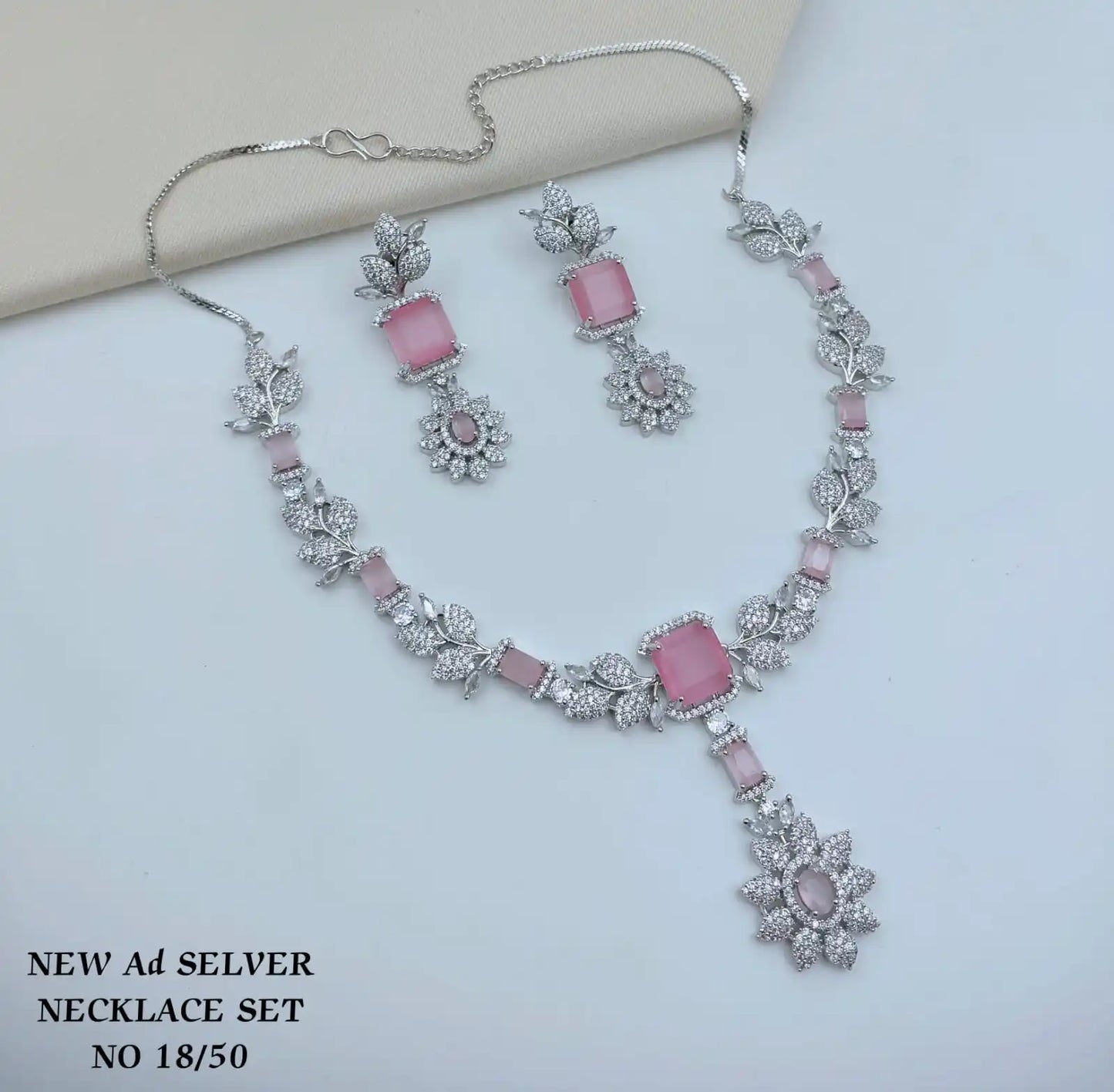 Designer Green AD Silver Plated Emerald Cut CZ Necklace Set with Earrings Floral Leaf Party Wear Jewelry Wholesale Set For Women
