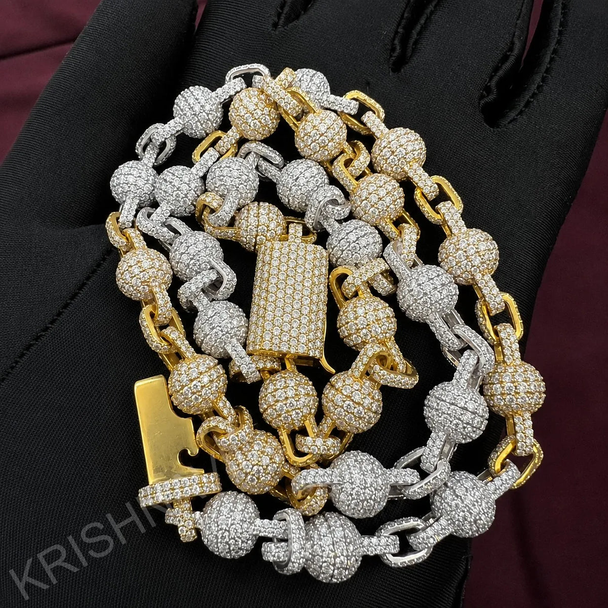 BiG-BOSS Luxury 14K Solid Gold Moissanite IGI Certified 9 MM Fully Iced Clustered Ball Necklace Hip Hop Cuban Link Style Statement Men's