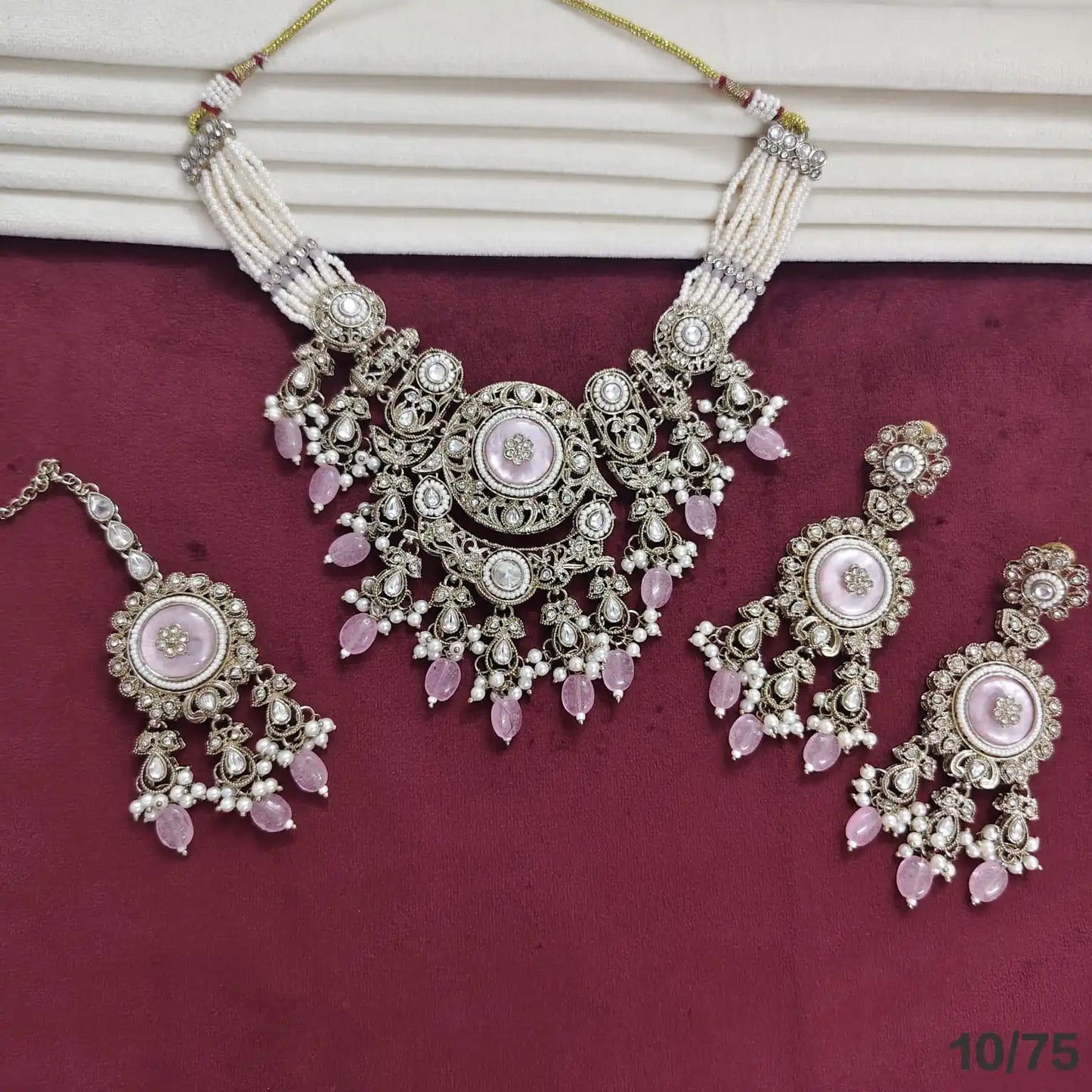 Luxury Oxidised Pearl Beaded Necklace Set with Aqua Blue Stones Designer Bridal Party Wear Jewelry Set with Earrings  for women