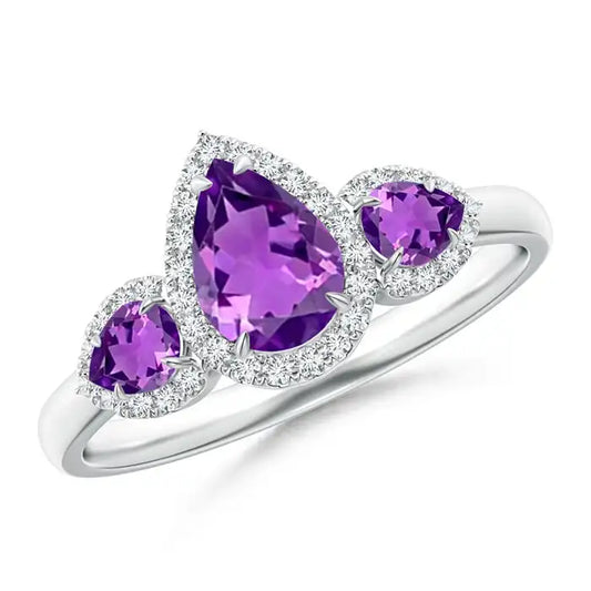 14K Pure Gold Claw-Setting Natural Pear Cut Amethyst Three Gemstone Ring with Halo Diamond Handmade Fine Jewelry Engagement Ring