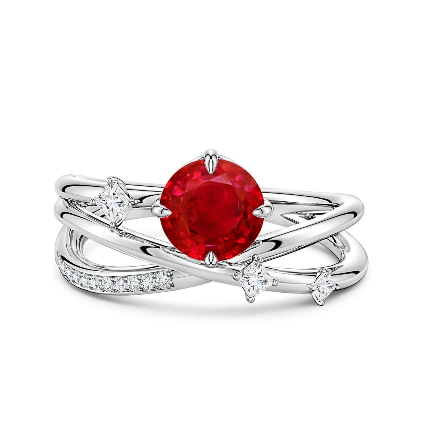 14K 18K Gold Round Cut Natural Ruby Gemstone Crossover Engagement Ring with Scattered Accent Diamond Ring Certified Fine Jewelry